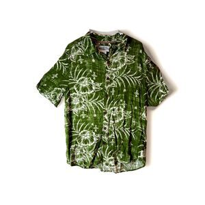 Margaritaville Button Down Shirt Mens Medium Green Hibiscus Jimmy Buffet Beach